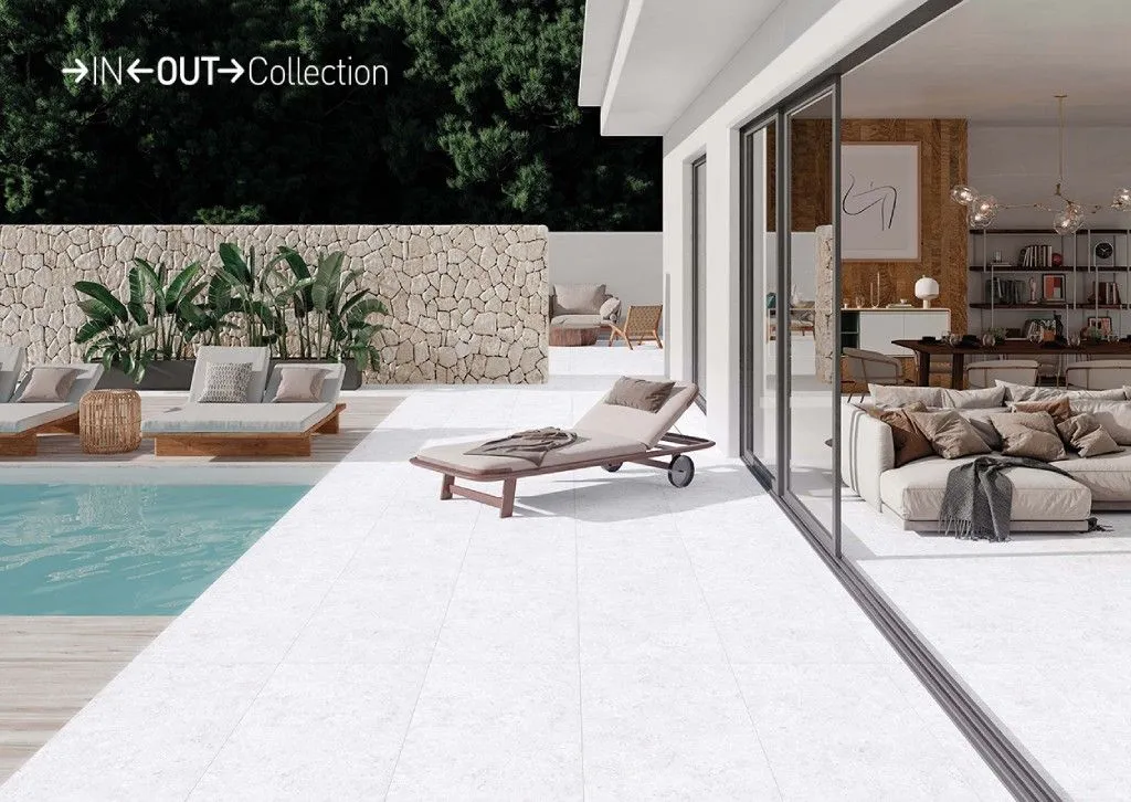 На фото плитка линейки Outdoor20 - Coralstone, оттенка хлопка, формата 60x120 см